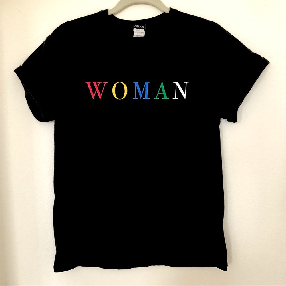 ‘WOMAN’ Black T Shirt Rainbow Letters Size M